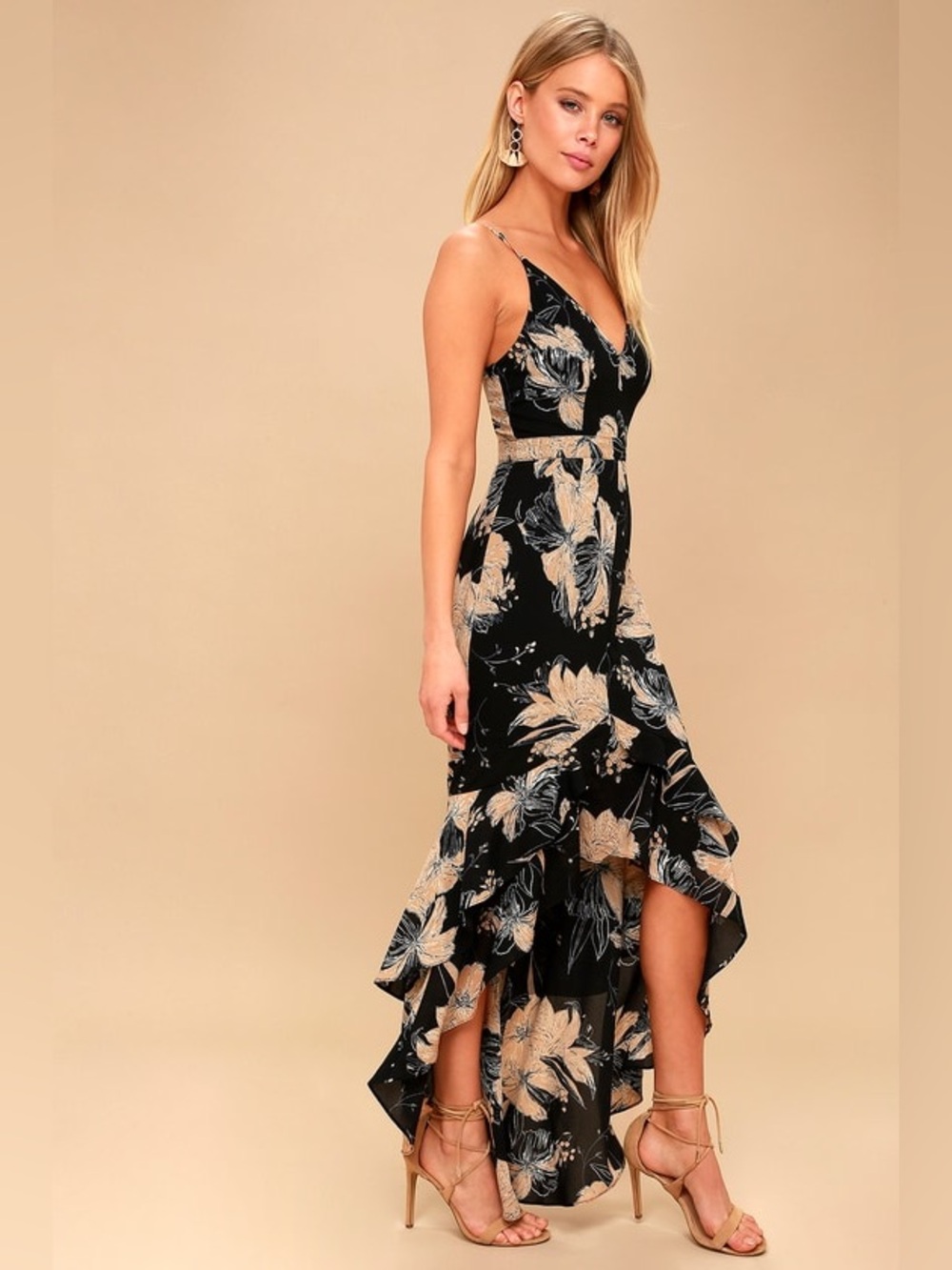 Lulu’s Darling Daylily Black Floral Print High-Low Maxi Dress | Medium